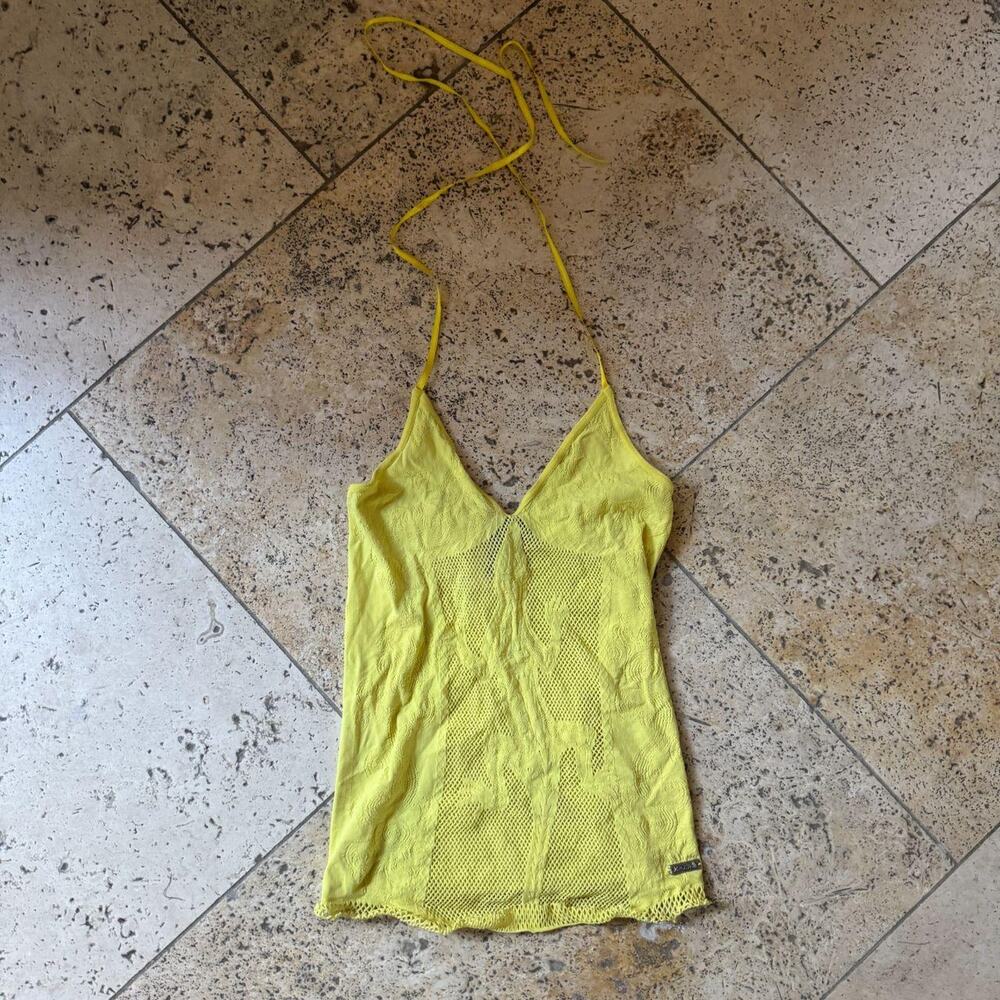 Just Cavalli Yellow Tricot Mesh Lizard Motif Halter Top